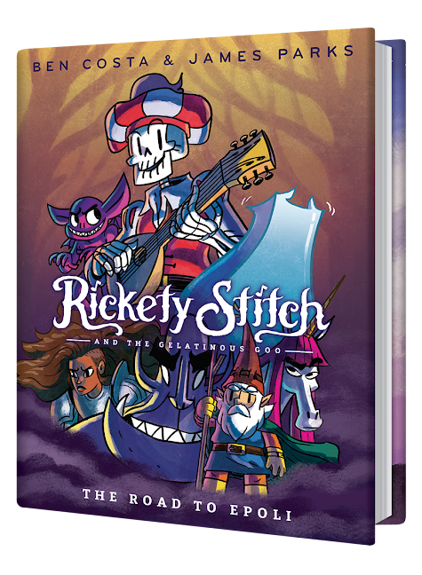 Cover of 'Rickety Stitch and the Gelatinous Goo: The Road to Epoli', featuring a skeleton playing a guitar with colorful, whimsical characters in a fantasy setting.